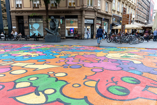 Zagreb, Croatia 10-10-2023 Mural of colourful cats at a intersection of a pedestrian zone in Masarykova street in downtown Zagreb created by Slaven Kosanović Lunar, Ivo Kosanović Smack, Filip and Luka Podboj