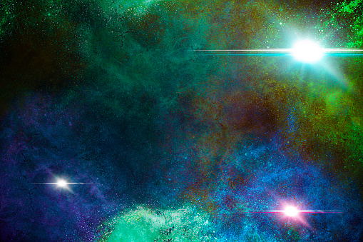 Painted image of the universe or deep space with stars in the distance.