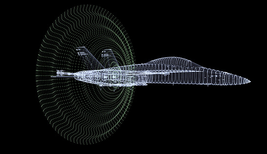 Simulation of the sonic boom, the natural phenomenon experienced by a military jet aircraft when it exceeds the speed of sound. A sonic boom is a sound associated with shock waves created when an object travels through the air faster than the speed of sound. Sonic booms generate enormous amounts of sound energy, sounding similar to an explosion or a thunderclap to the human ear. / You can see the animation movie of this image from my iStock video portfolio. Video number: 1728243053