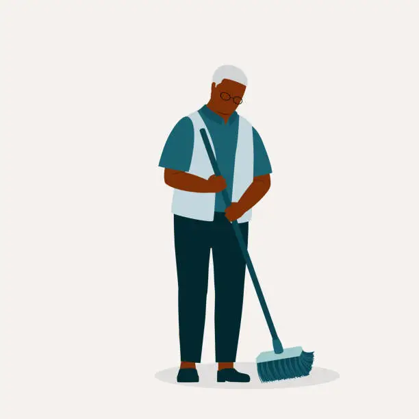 Vector illustration of Black Senior Man Sweeping Floor With A Broom.