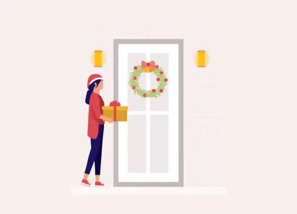 Vector illustration of Young Woman Holding A Present Standing Outside The Front Door With Christmas Wreath.