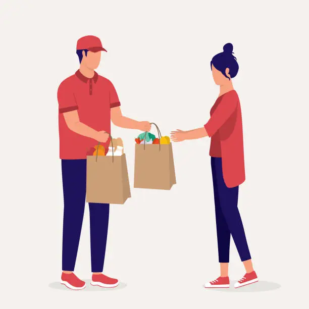 Vector illustration of Delivery Man Passing The Groceries Bag To The Young Woman Customer.