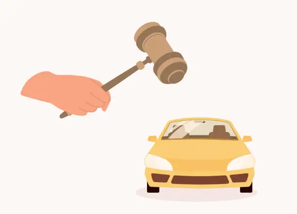 Vector illustration of Concept Of Auto Auction. A Person’s Hand Holding A Gavel.