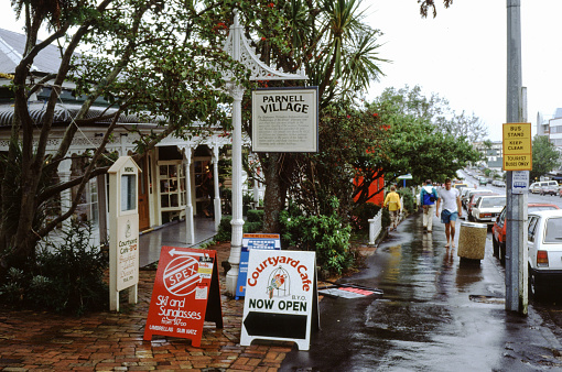 Auckland, New Zealand, January 5, 1989 - Historic 1989 photograph, the Cafe Courtyad in Parnell Village Auckland.
