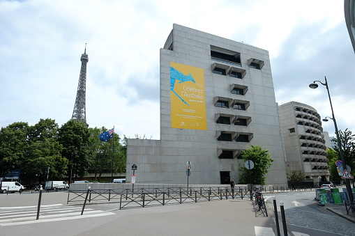 Paris, France - July 15th 2021: the facade and the flag of the Australian embassy in Paris.