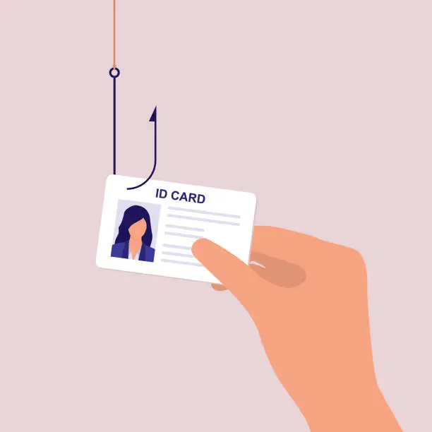 Vector illustration of Concept Of Identity Theft. A Person’s Hand Holding An ID Card With Fishing Hook.