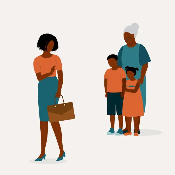 Vector illustration of Black Working Mother Waving Goodbye To Her Children And Leaving Them With Their Grandmother To Take Care.