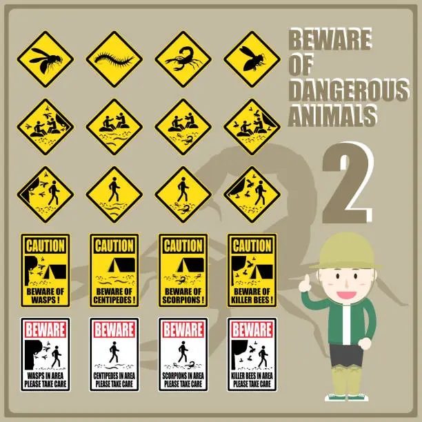 Vector illustration of Set of safety caution and warning signs to inform people to beware of dangerous animals. Sign and symbols for remind people in risk of dangerous animals area.