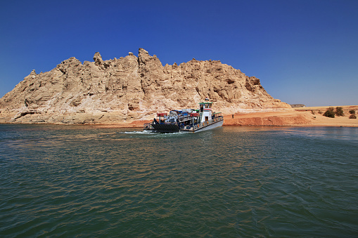 Abu Simbel, Egypt - 25 Feb 2017: The ferry on Nasser lake to Abu Simbel, Egypt