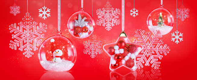 banner Christmas composition decor on a red background with space for text