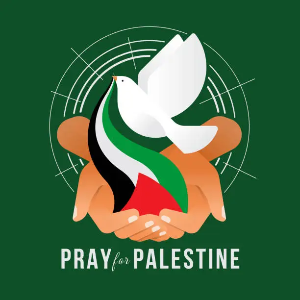 Vector illustration of Pray for palestine - hands hold palestine flag with white peace bird took the flag out of hand on blue background vector design