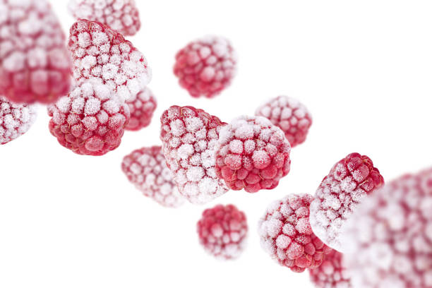 levitation of frozen raspberries isolated on white background. - falling fruit berry fruit raspberry imagens e fotografias de stock