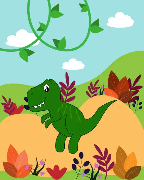 Vector illustration of tyrannosaurus on the meadow with flowers and leaves.