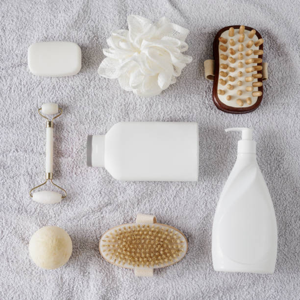 istock Flatlay of composition with bath accessories on towel 1731139303