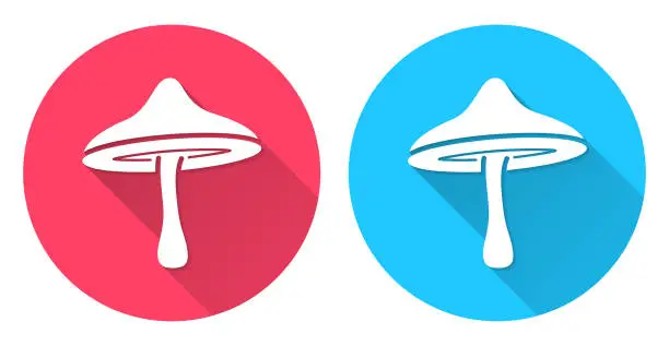 Vector illustration of Mushroom. Round icon with long shadow on red or blue background