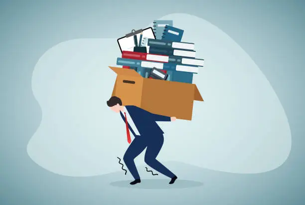 Vector illustration of Overload or overworked office routine concept, tired businessman carrying heavy documents paperwork.