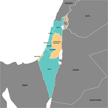 Map of the various districts of Israel and the Palestinian Territories, the Golan Heights, and the surrounding countries, with place names in Japanese