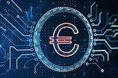 Creative digital circular euro hologram with circuit lines on blurry blue background. Digital money and online banking concept. 3D Rendering.