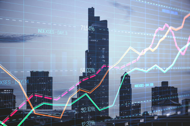 istock Abstract creative business graph with index and grid on blurry city wallpaper with skyscrapers. Stock market and financial statistics concept. Double exposure. 1731159883