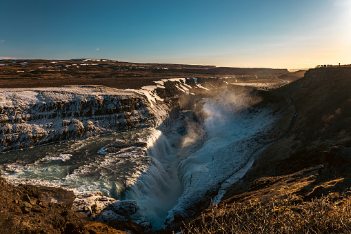 Snow and ice at gullfoss waterfall in iceland