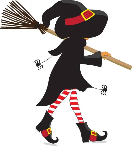Vector illustration of Halloween Witch Walking, Holding her Broom