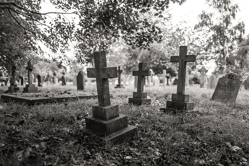 Shallow focus of three stonework cross-shaped gravestones seen in a large, very old cemetery during dusk.