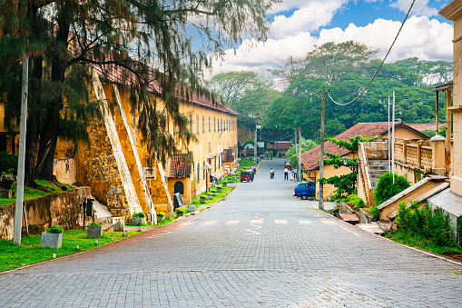 A cobblestone street in a tropical town. The street is lined with trees and buildings (Portuguese colonial architecture) on both sides. The buildings are old and have a yellowish-brown color. The trees are tall and have green leaves. The sky is blue with white clouds. There are a few cars and motorcycles parked on the street. There are a few people walking on the street.