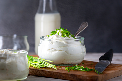 Fresh curd and herbs - dairy product. Quark. Fruehlingsquark