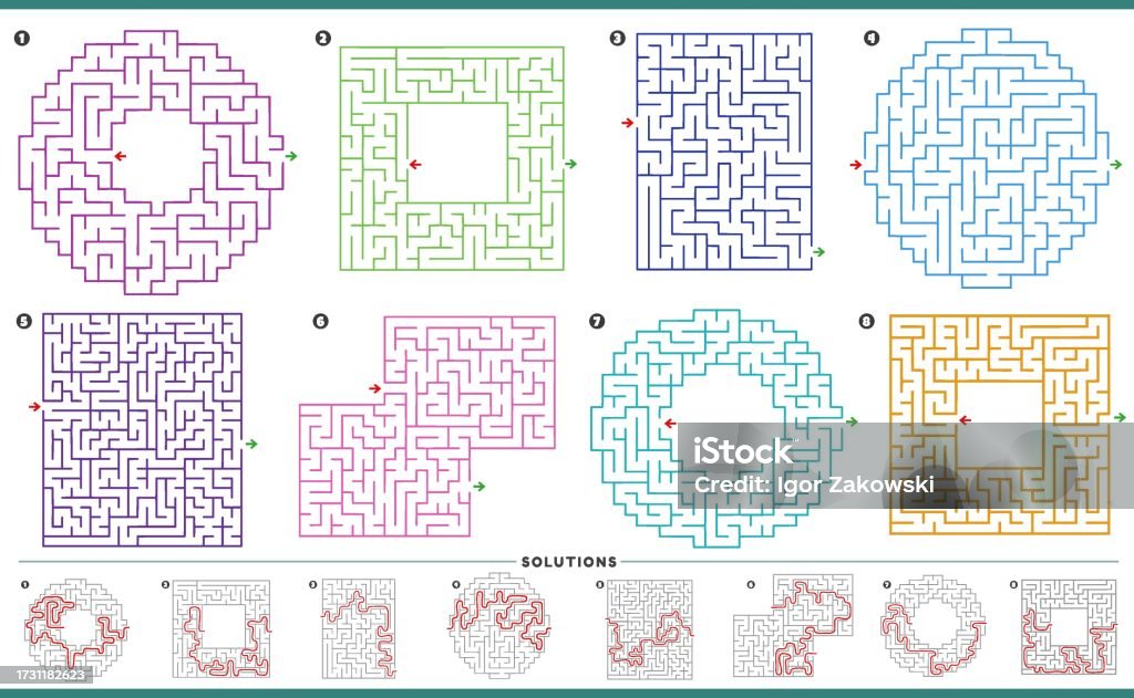 Visual Maze Activity Maze Puzzle Activities Graphs Set With Solutions Stock Illustration ...