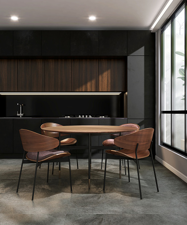 Elegant kitchen with round wooden dining table, chair, black cabinet counter, cupboard, stove, sink, oven in sunlight from window for luxury interior decoration, cooking, dining product background 3D