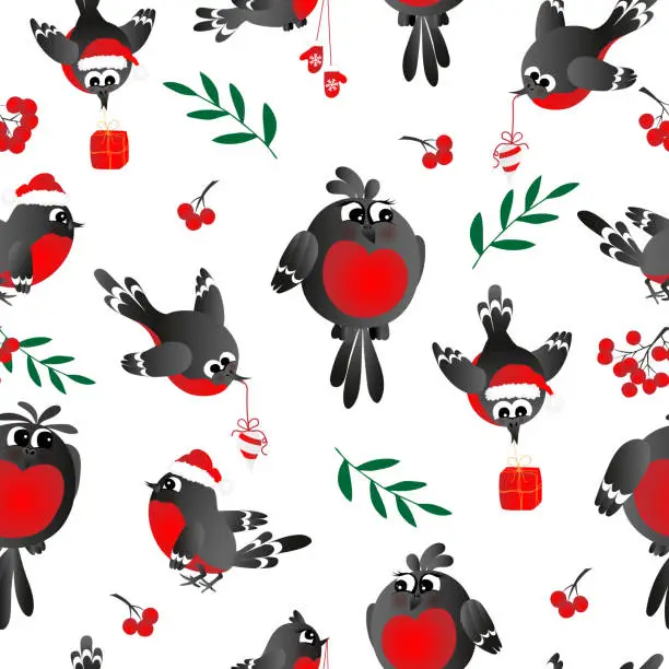 Vector illustration of Seamless pattern. Happy new year and Merry Christmas with cute, funny bullfinches.