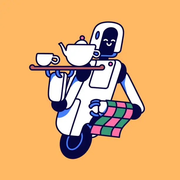 Vector illustration of Funny robot waiter carrying coffee, tea. Modern computer butler hold towel in hand. Cute machine, program with tray. Electric servant service in restaurant, cafe. Flat isolated vector illustration
