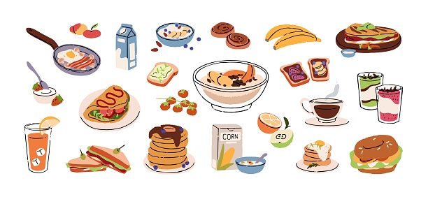 Breakfast set. Morning healthy meals: fried egg with bacon, pancakes, granola, omelette, pudding, cereal with milk, coffee. Tasty food, delicious dishes. Flat isolated vector illustration on white.