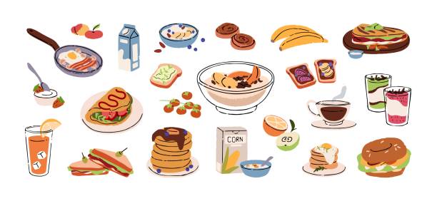 Breakfast set. Morning healthy meals: fried egg with bacon, pancakes, granola, omelette, pudding, cereal with milk, coffee. Tasty food, delicious dishes. Flat isolated vector illustration on white Breakfast set. Morning healthy meals: fried egg with bacon, pancakes, granola, omelette, pudding, cereal with milk, coffee. Tasty food, delicious dishes. Flat isolated vector illustration on white. omelette on the plate stock illustrations