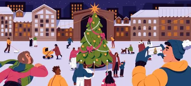 Vector illustration of Christmas tree on city square panorama. Happy people walking on snow urban street, take photo of decorated xmas firtree. New year holiday outdoor, winter evening in town. Flat vector illustration