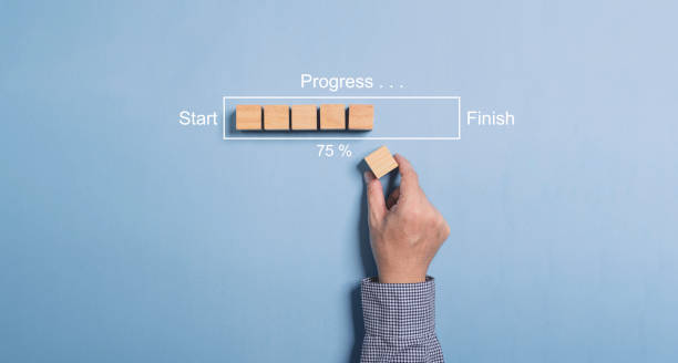 istock Hand putting wooden cube on virtual infographic rectangle block with progress wording and update status since start to finish fpr Job progressive concept. 1731197689