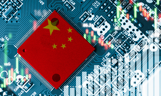 China flag print screen on Microchip processor on electronic board for important component in computer smartphone, China is the largest main manufacturing in the world of global supply chain concept.