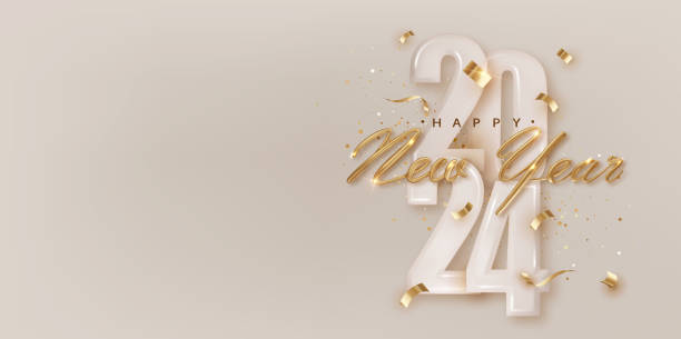 2024 새해 복 많이 받으세요 축제 카드 템플릿입니다. 축하와 함께 크리스마스 가로 배너 디자인을 환영합니다. 색종이 조각이 있는 사실적인 황금 금속 글자. - happy new year 2024 stock illustrations
