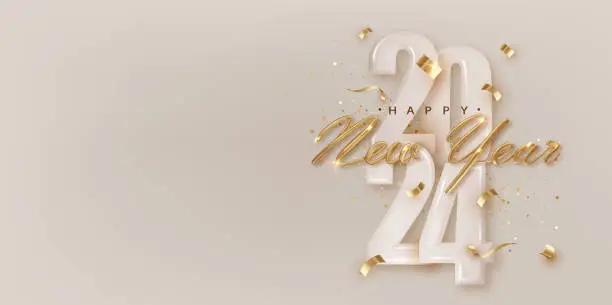 Vector illustration of 2024 Happy New Year festive card template. Greeting Christmas horizontal banner design with congratulations. Realistic golden metal lettering with confetti.