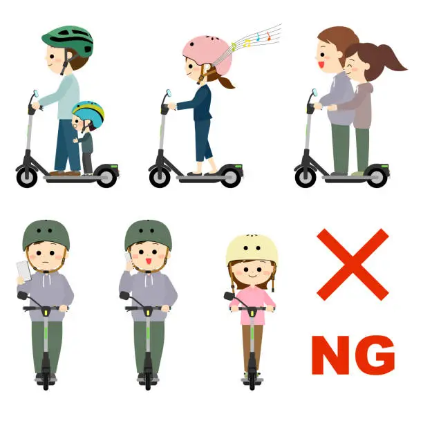 Vector illustration of Dangerous ways to ride an electric scooter