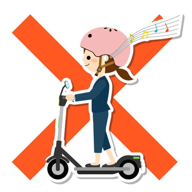 illustrations, cliparts, dessins animés et icônes de une femme conduisant une trottinette électrique tout en écoutant de la musique - side view mirror audio