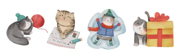 Vector illustration of Cat with christmas costume . Watercolor paint cartoon characters . Set 3 of 5 . Vector .