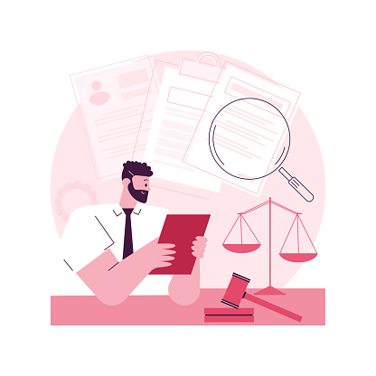 Legal research abstract concept vector illustration. Legal precedent, decision making, data collection, judge decision, statutes and regulations, jurisprudence, law dictionary abstract metaphor.