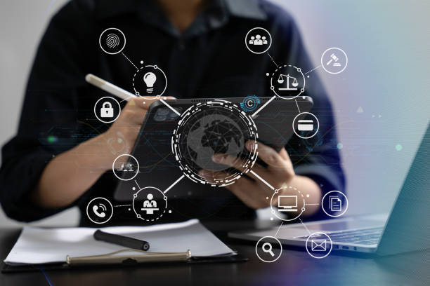 istock Copyright or patent concept, Person hand using laptop computer, tablet and smartphone with virtual screen copyright icon trademark, Creation ownership against piracy at office. 1731241902