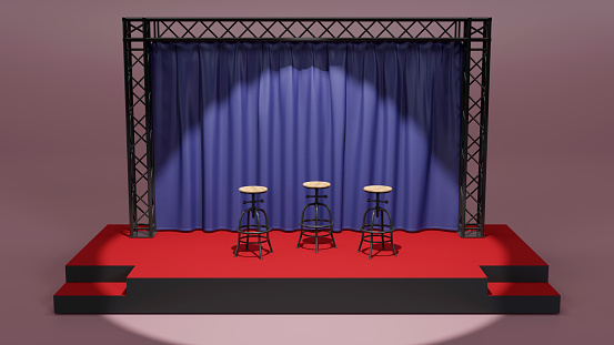 3D rendering of event stage with red carpet lay and aluminum truss backdrop with seats for interviews, Presentation business concept