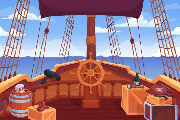 Vector illustration of Ship deck. Pirate sailing ships board view, captain bridge entrance of wooden sailboat with steering wheel, wood barrels boxes, cartoon adventure game ingenious vector illustration