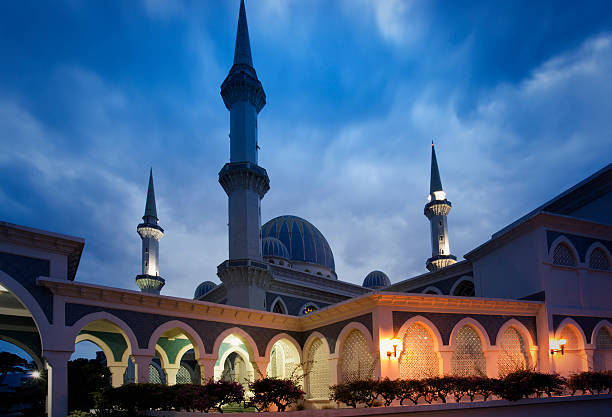 Night view of State's mosque in Kuantan City, state of Pehang Malaysia. More files of Malaysia on port. Wide angle view in horizontal format.