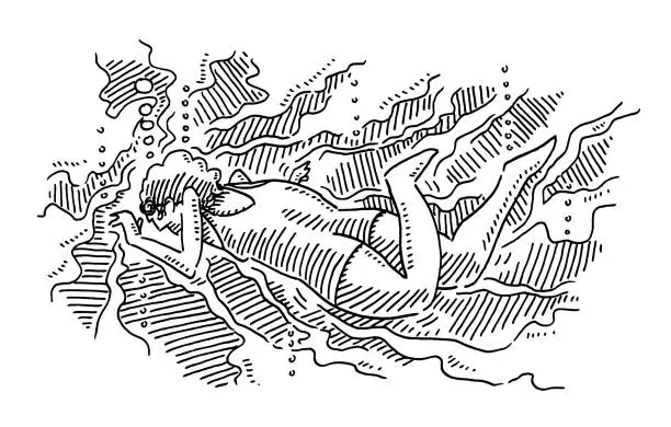Vector illustration of Woman Diving Underwater Drawing