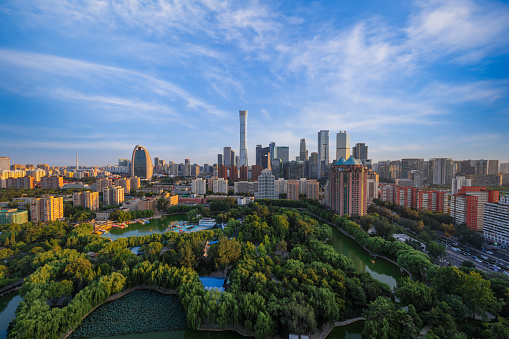 The skyline of Beijing under the blue sky and white clouds