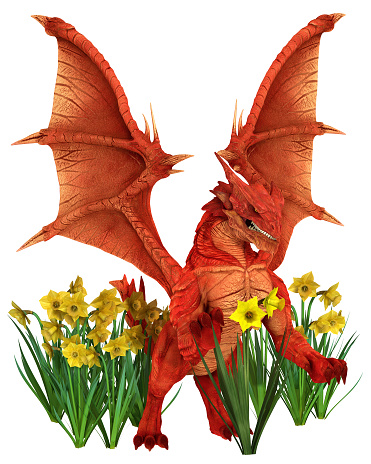 Red Welsh dragon standing in a group of yellow daffodils for St. David's Day, the patron saint of Wales St. David's Day is March the first, 3d digitally rendered illustration